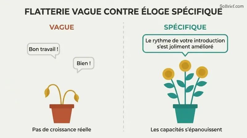 Split panel showing vague praise above a small drooping plant on the left, contrasted with specific praise above a tall blooming plant on the right.