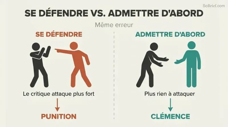 Split panel showing two responses to the same mistake: defending triggers escalation while admitting first disarms the critic.