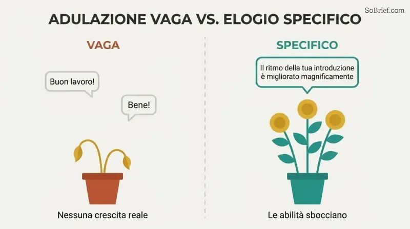 Split panel showing vague praise above a small drooping plant on the left, contrasted with specific praise above a tall blooming plant on the right.