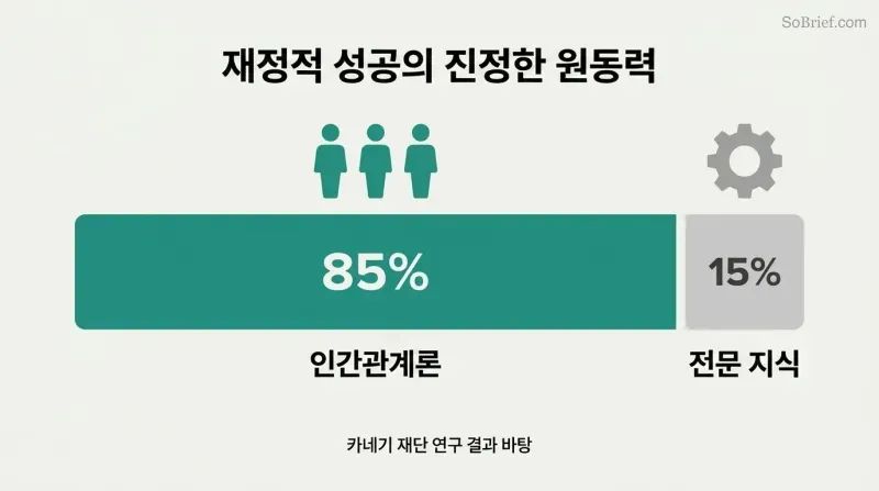 Proportion bar revealing that people skills drive 85% of financial success while technical knowledge accounts for only 15%.