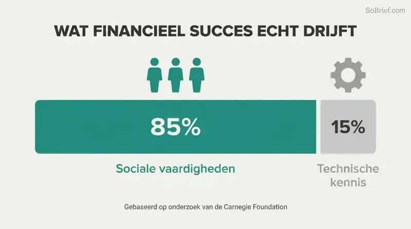 Proportion bar revealing that people skills drive 85% of financial success while technical knowledge accounts for only 15%.