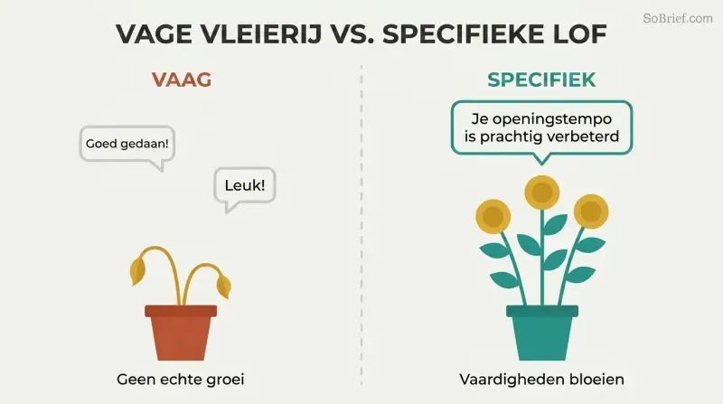 Split panel showing vague praise above a small drooping plant on the left, contrasted with specific praise above a tall blooming plant on the right.