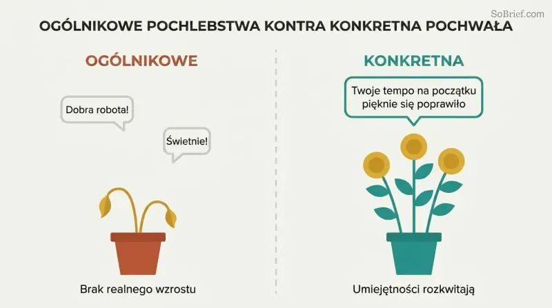 Split panel showing vague praise above a small drooping plant on the left, contrasted with specific praise above a tall blooming plant on the right.