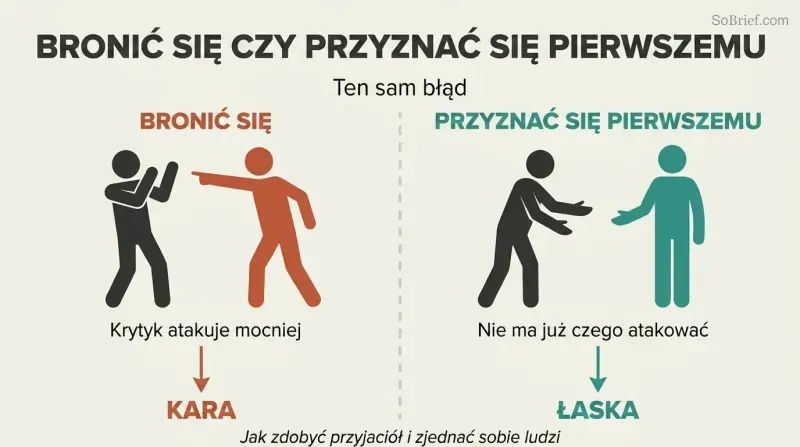 Split panel showing two responses to the same mistake: defending triggers escalation while admitting first disarms the critic.