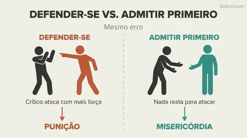 Split panel showing two responses to the same mistake: defending triggers escalation while admitting first disarms the critic.