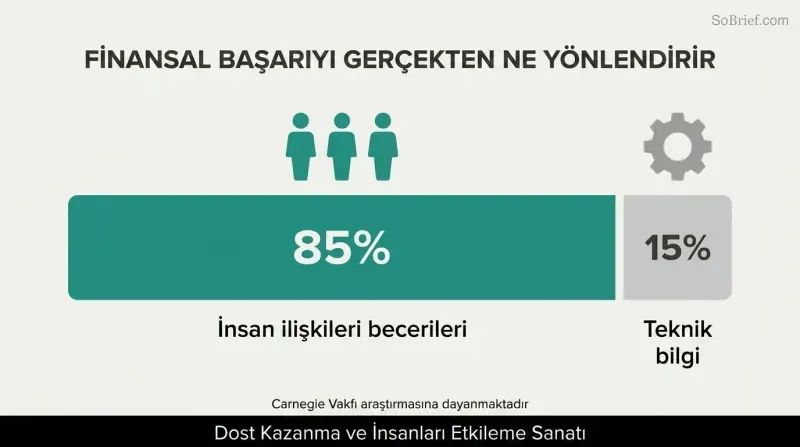 Proportion bar revealing that people skills drive 85% of financial success while technical knowledge accounts for only 15%.