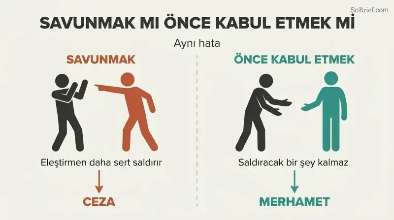 Split panel showing two responses to the same mistake: defending triggers escalation while admitting first disarms the critic.