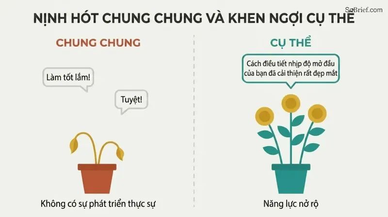 Split panel showing vague praise above a small drooping plant on the left, contrasted with specific praise above a tall blooming plant on the right.