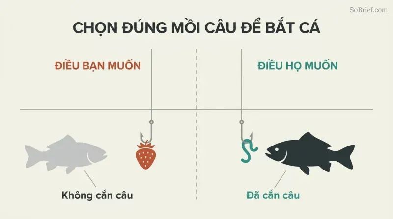 Split comparison of two fishing hooks — one baited with a strawberry that a fish ignores, one baited with a worm that a fish eagerly approaches.