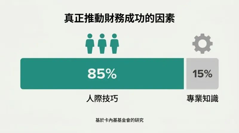 Proportion bar revealing that people skills drive 85% of financial success while technical knowledge accounts for only 15%.