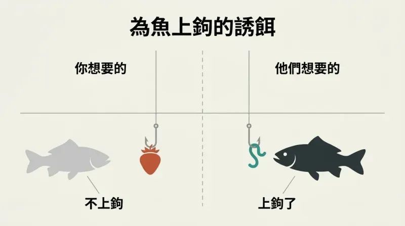 Split comparison of two fishing hooks — one baited with a strawberry that a fish ignores, one baited with a worm that a fish eagerly approaches.