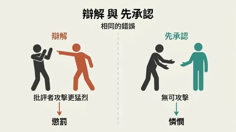 Split panel showing two responses to the same mistake: defending triggers escalation while admitting first disarms the critic.