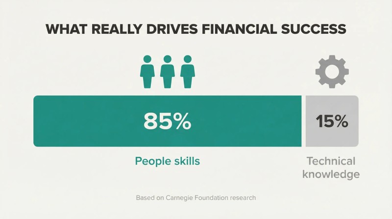 Proportion bar revealing that people skills drive 85% of financial success while technical knowledge accounts for only 15%.