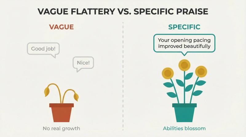 Split panel showing vague praise above a small drooping plant on the left, contrasted with specific praise above a tall blooming plant on the right.