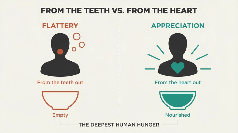 Split panel showing flattery from the mouth leaving a hunger bowl empty while appreciation from the heart fills it.