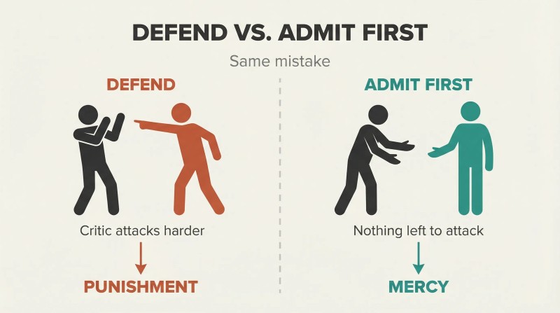 Split panel showing two responses to the same mistake: defending triggers escalation while admitting first disarms the critic.