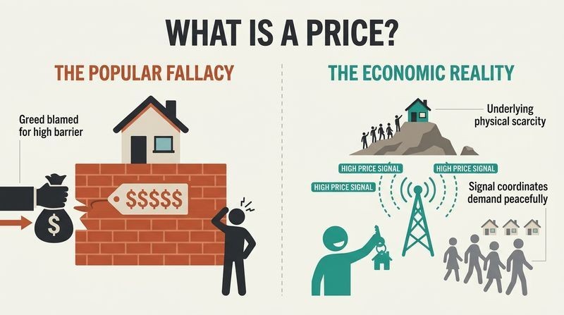 Split panel diagram comparing the fallacy of prices as arbitrary obstacles created by greed versus the reality of prices as vital messengers reflecting physical scarcity.