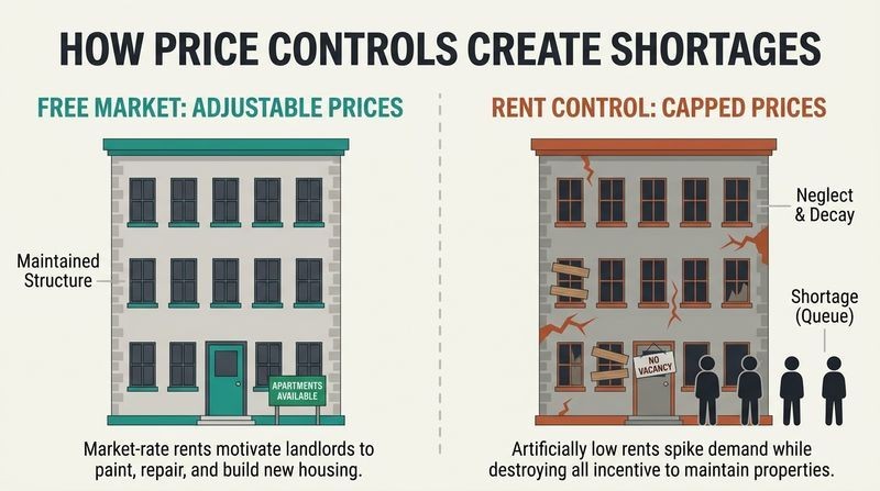 Split-panel diagram comparing a well-maintained free-market apartment building with a decaying rent-controlled building surrounded by a long queue of people.