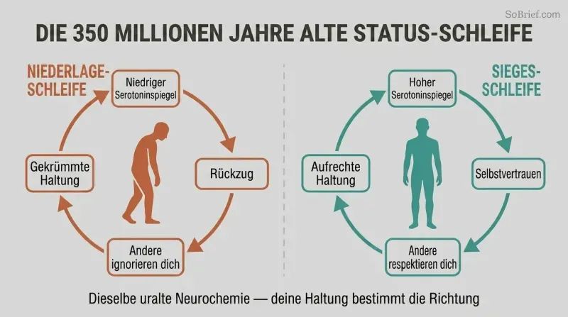 Split panel showing two feedback loops — a defeat spiral on the left driven by slumped posture and low serotonin, and a victory spiral on the right driven by upright posture and high serotonin.