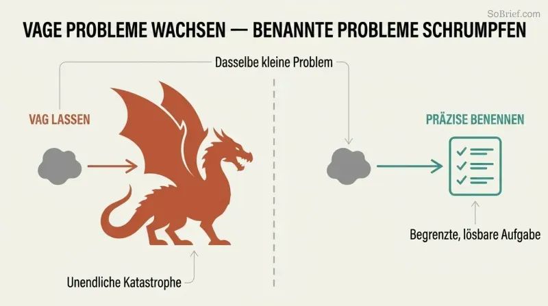 Split panel comparing how an ignored problem grows into a massive dragon on the left while a precisely named problem shrinks into a small checklist on the right.