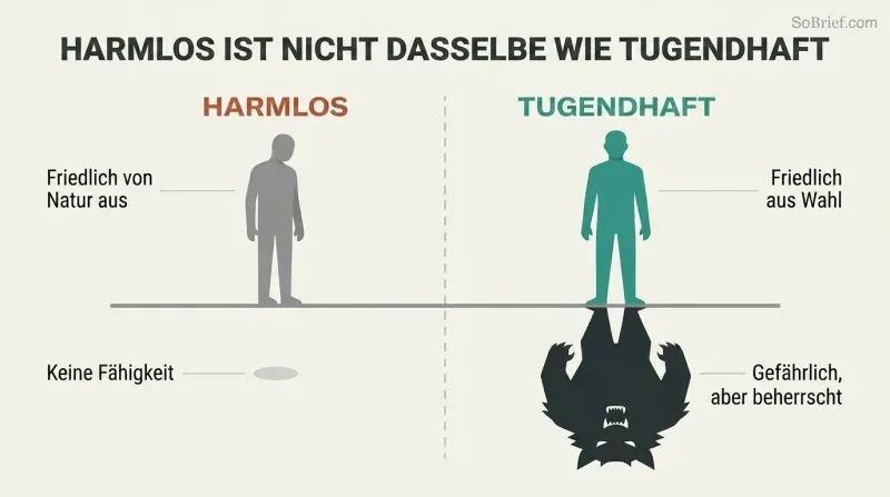Split comparison of two calm silhouette figures whose shadows reveal different natures — one small and meek, the other large with sharp teeth — contrasting weakness with chosen restraint.