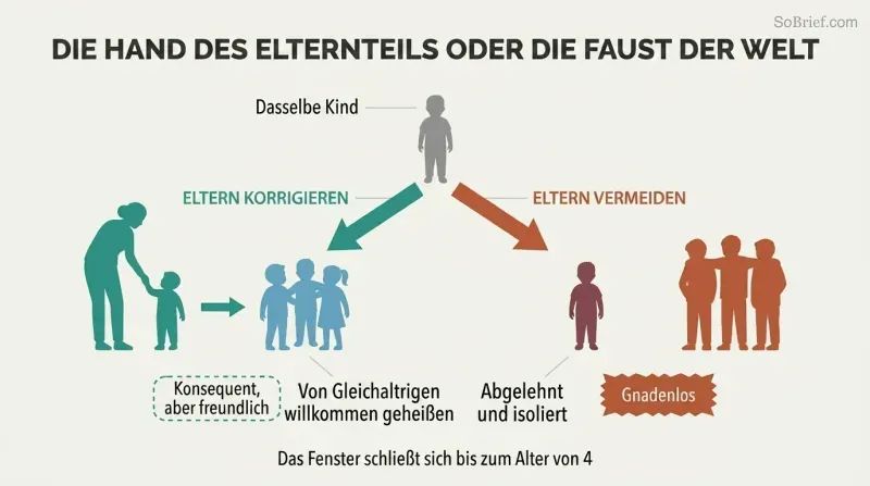 Fork diagram showing a child diverging into two paths: gentle parental discipline leading to social integration, versus avoidance leading to harsh rejection by the world.
