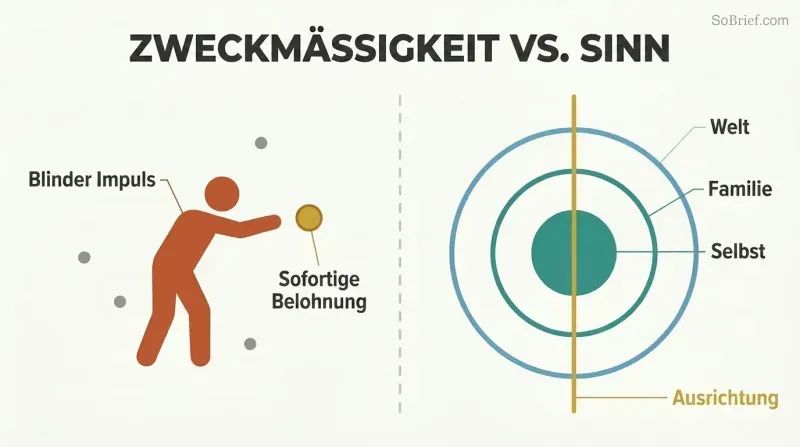 Split panel contrasting expedience as a single shallow impulse on the left with meaning as three aligned concentric layers of self, family, and world on the right.