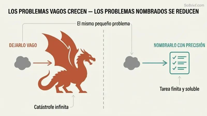Split panel comparing how an ignored problem grows into a massive dragon on the left while a precisely named problem shrinks into a small checklist on the right.