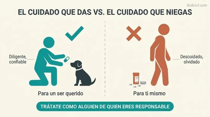Split panel comparing a person diligently medicating a pet on the left with the same person ignoring their own prescription on the right, with a reframe statement below.