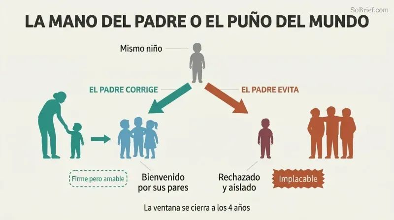 Fork diagram showing a child diverging into two paths: gentle parental discipline leading to social integration, versus avoidance leading to harsh rejection by the world.