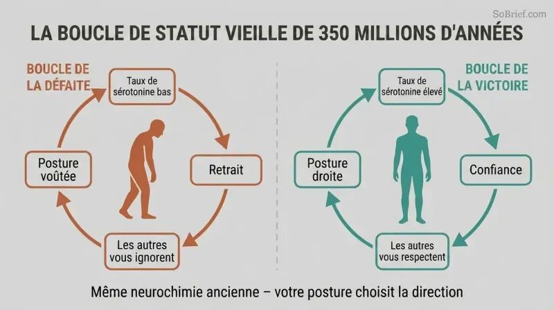 Split panel showing two feedback loops — a defeat spiral on the left driven by slumped posture and low serotonin, and a victory spiral on the right driven by upright posture and high serotonin.