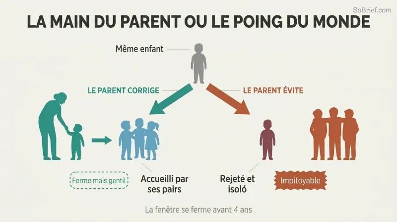 Fork diagram showing a child diverging into two paths: gentle parental discipline leading to social integration, versus avoidance leading to harsh rejection by the world.