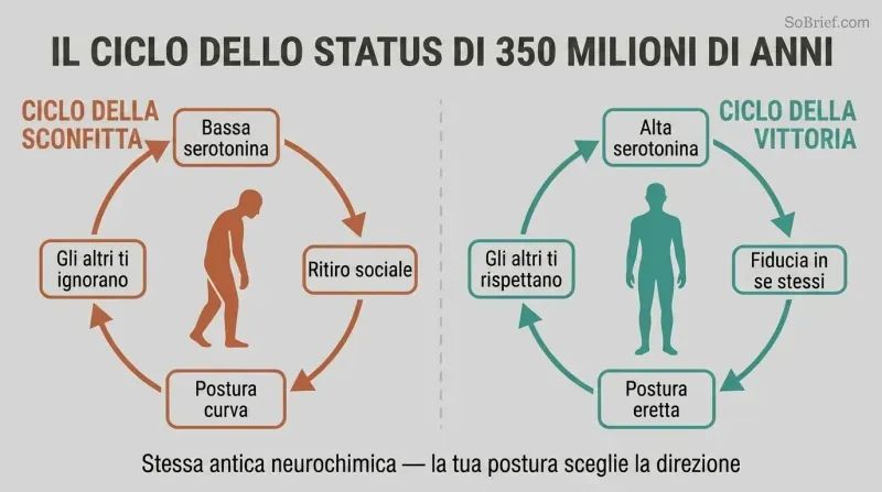 Split panel showing two feedback loops — a defeat spiral on the left driven by slumped posture and low serotonin, and a victory spiral on the right driven by upright posture and high serotonin.