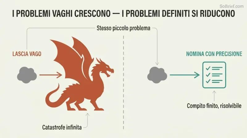 Split panel comparing how an ignored problem grows into a massive dragon on the left while a precisely named problem shrinks into a small checklist on the right.