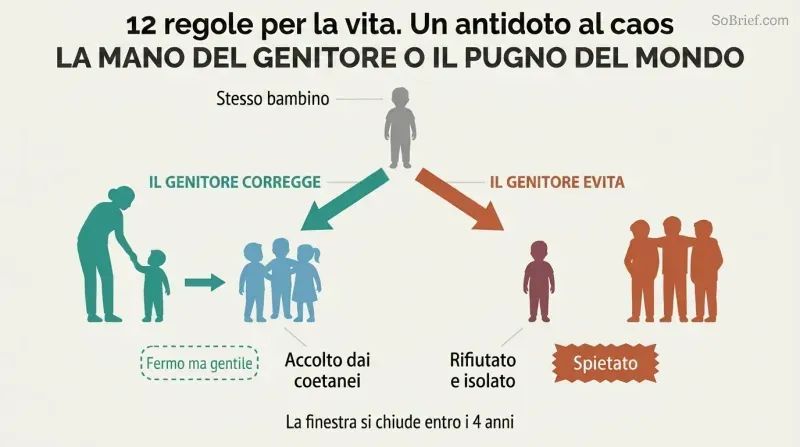 Fork diagram showing a child diverging into two paths: gentle parental discipline leading to social integration, versus avoidance leading to harsh rejection by the world.