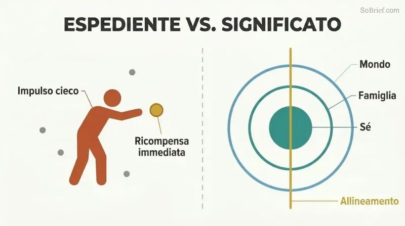 Split panel contrasting expedience as a single shallow impulse on the left with meaning as three aligned concentric layers of self, family, and world on the right.