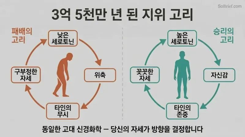 Split panel showing two feedback loops — a defeat spiral on the left driven by slumped posture and low serotonin, and a victory spiral on the right driven by upright posture and high serotonin.