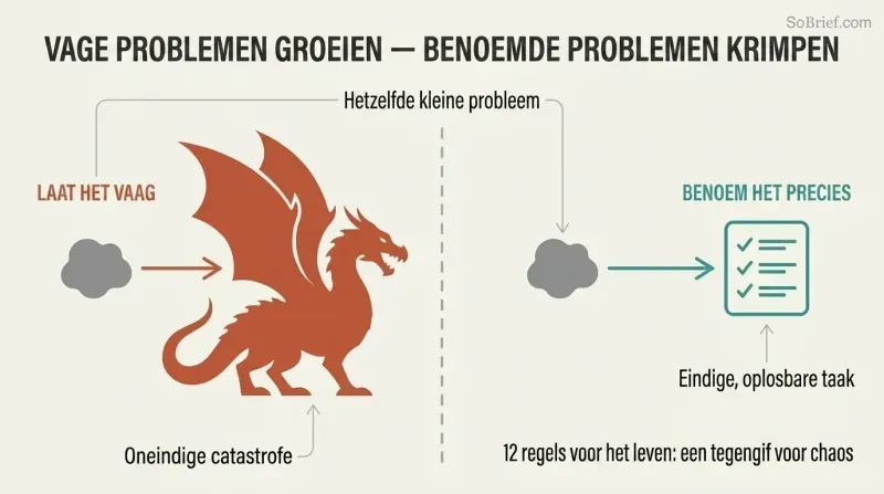 Split panel comparing how an ignored problem grows into a massive dragon on the left while a precisely named problem shrinks into a small checklist on the right.