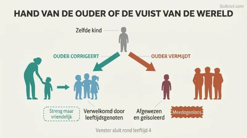 Fork diagram showing a child diverging into two paths: gentle parental discipline leading to social integration, versus avoidance leading to harsh rejection by the world.