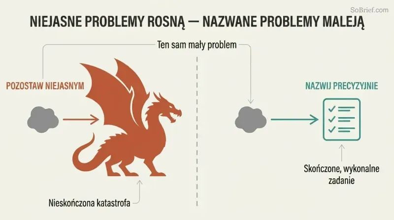 Split panel comparing how an ignored problem grows into a massive dragon on the left while a precisely named problem shrinks into a small checklist on the right.