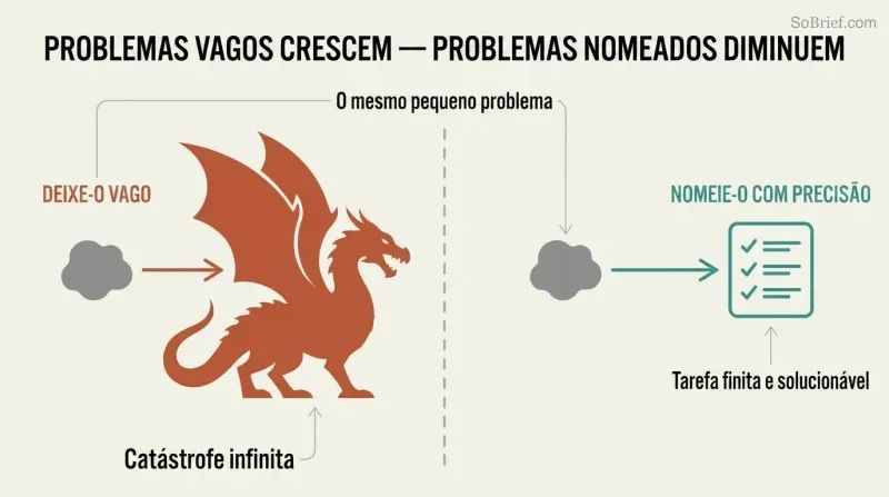 Split panel comparing how an ignored problem grows into a massive dragon on the left while a precisely named problem shrinks into a small checklist on the right.