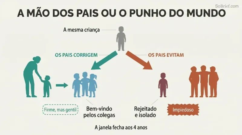 Fork diagram showing a child diverging into two paths: gentle parental discipline leading to social integration, versus avoidance leading to harsh rejection by the world.