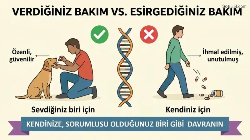 Split panel comparing a person diligently medicating a pet on the left with the same person ignoring their own prescription on the right, with a reframe statement below.
