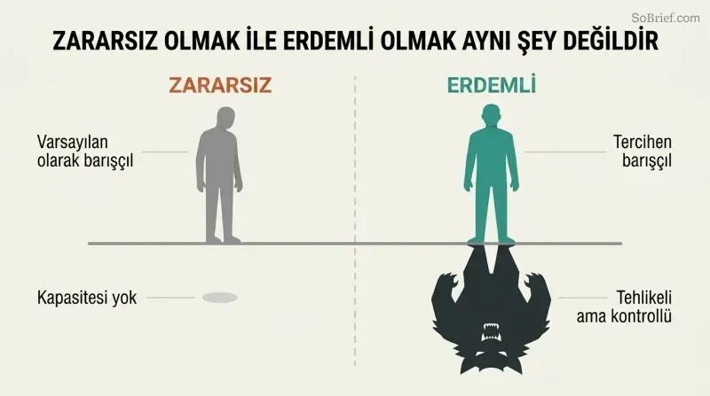 Split comparison of two calm silhouette figures whose shadows reveal different natures — one small and meek, the other large with sharp teeth — contrasting weakness with chosen restraint.