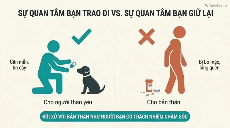 Split panel comparing a person diligently medicating a pet on the left with the same person ignoring their own prescription on the right, with a reframe statement below.