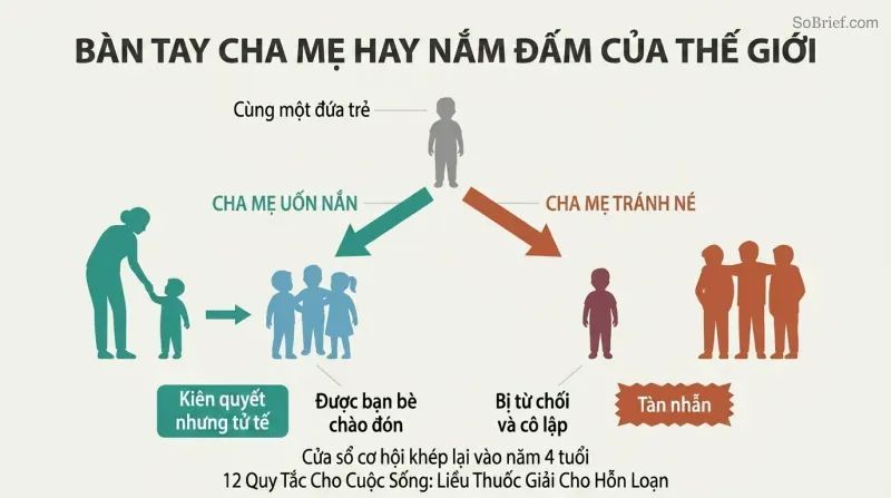 Fork diagram showing a child diverging into two paths: gentle parental discipline leading to social integration, versus avoidance leading to harsh rejection by the world.