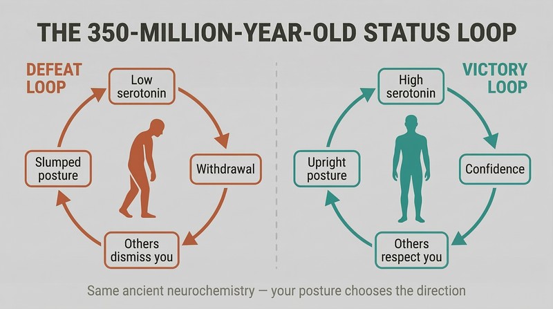 Split panel showing two feedback loops — a defeat spiral on the left driven by slumped posture and low serotonin, and a victory spiral on the right driven by upright posture and high serotonin.