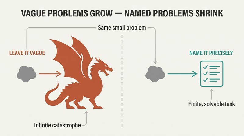 Split panel comparing how an ignored problem grows into a massive dragon on the left while a precisely named problem shrinks into a small checklist on the right.