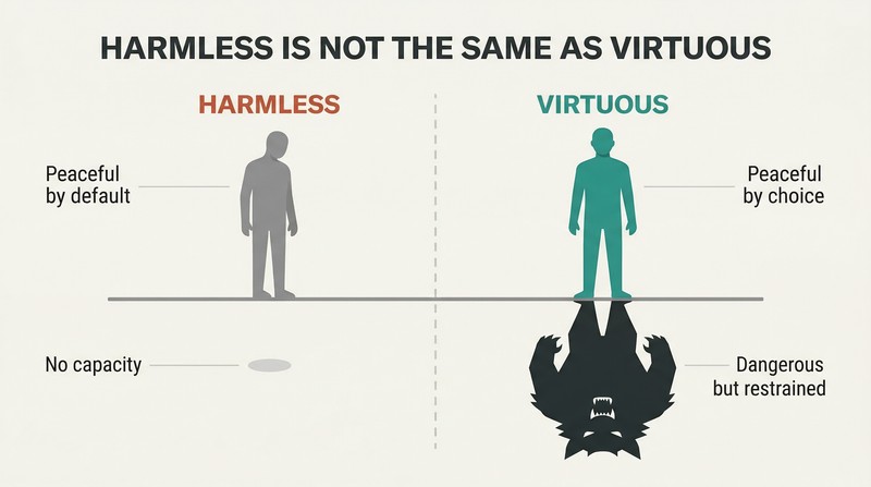 Split comparison of two calm silhouette figures whose shadows reveal different natures — one small and meek, the other large with sharp teeth — contrasting weakness with chosen restraint.