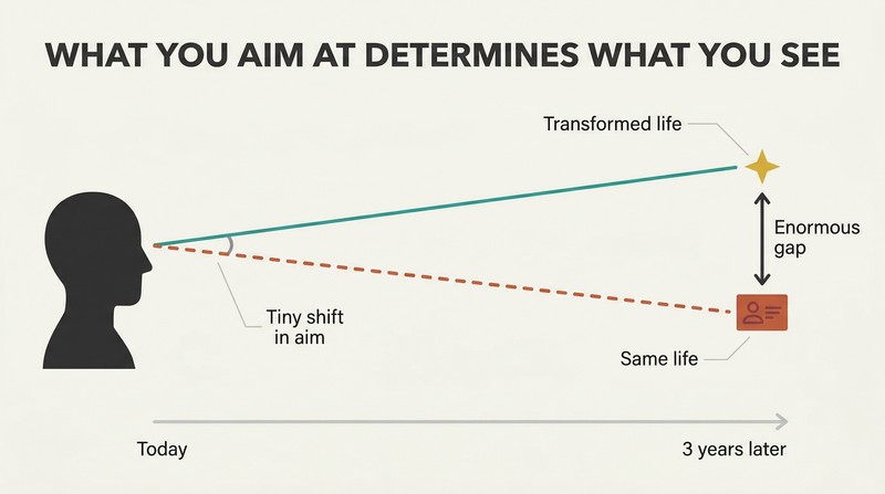 Two lines diverging from a single eye point, showing how a small shift in aim leads to vastly different destinations over time.